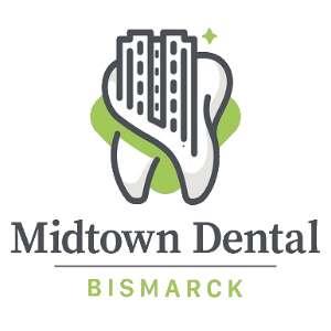 Midtown Dental Bismarck logo featuring a stylized tooth with vertical building-like shapes inside, outlined in gray with a green accent background, above the words 'Midtown Dental' in black and 'Bismarck' in green capital letters below.